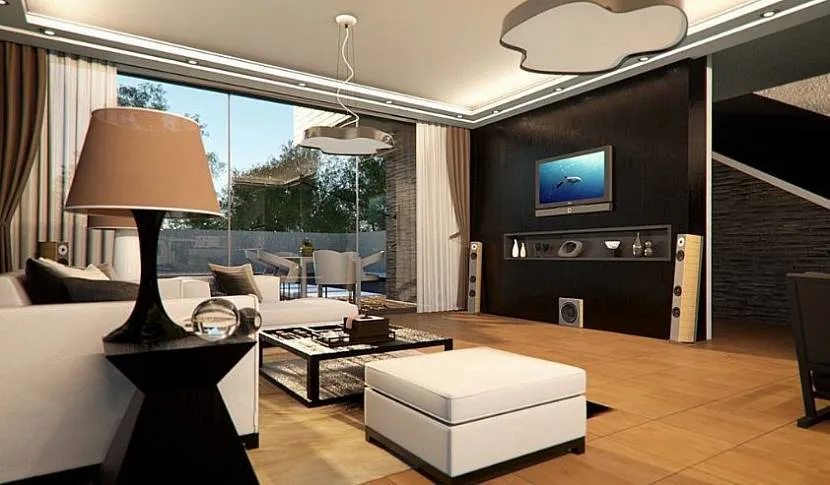 Wnętrze parterowego domu high-tech: minimalizm z klasycznymi elementami