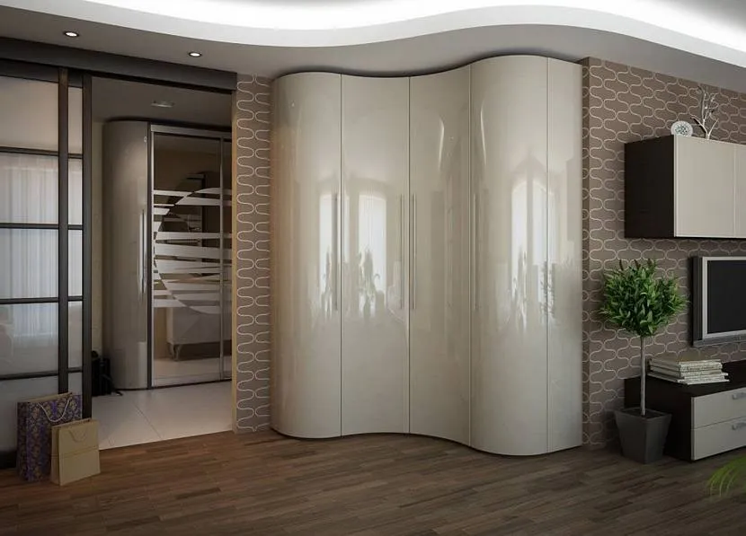 Варіант кутової шафи з кутовим плануванням із закругленими дверима для житлової кімнати